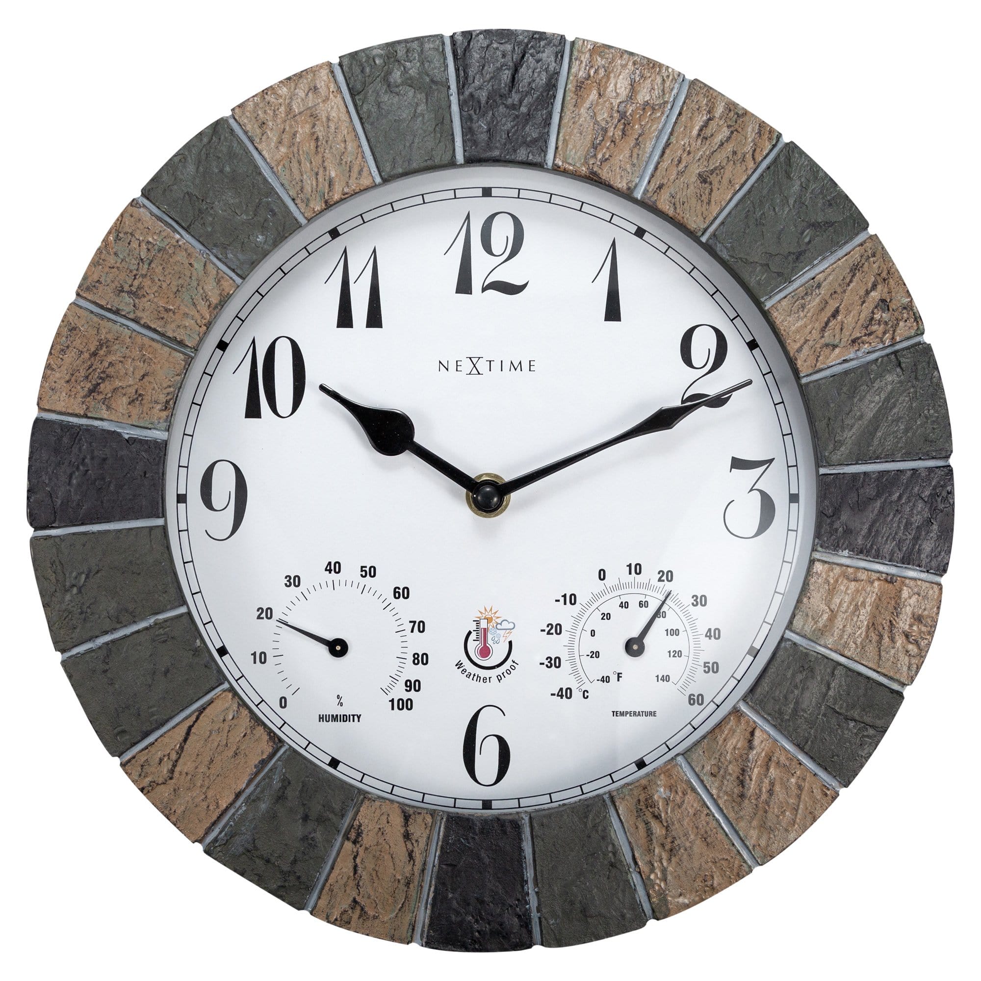 NeXtime Clocks garden weatherstation wall clock, 26cm polyresin weatherproof design with Aster pattern, suitable for outdoor use.